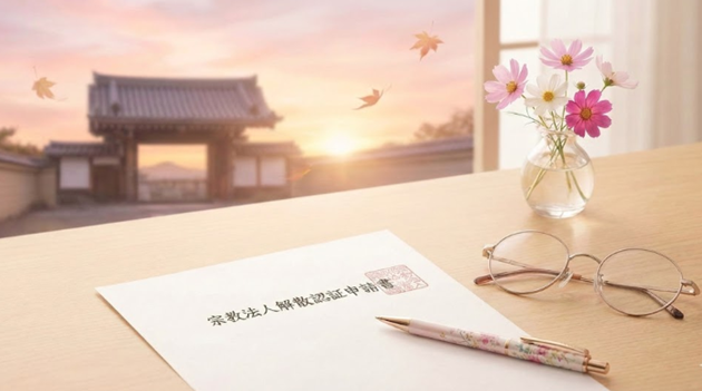 「宗教法人の解散手続きを解説する行政書士のイメージ」